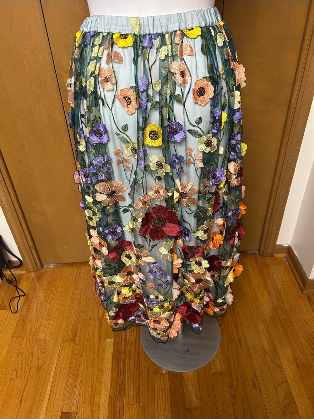 Maeve Seafoam Maxi Skirt with Multicolor Floral Appliqués - Picture 3 of 7